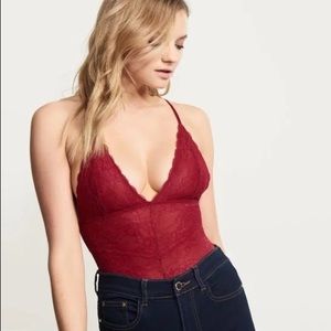 Red deep V lace bodysuit